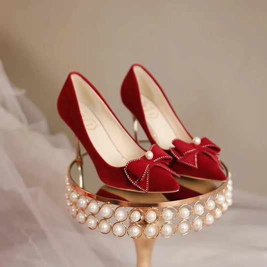 China Latest Women's Red High Heel Spring Single Shoes Elegant Bow Bridesmaid Shoes women high heel shoes