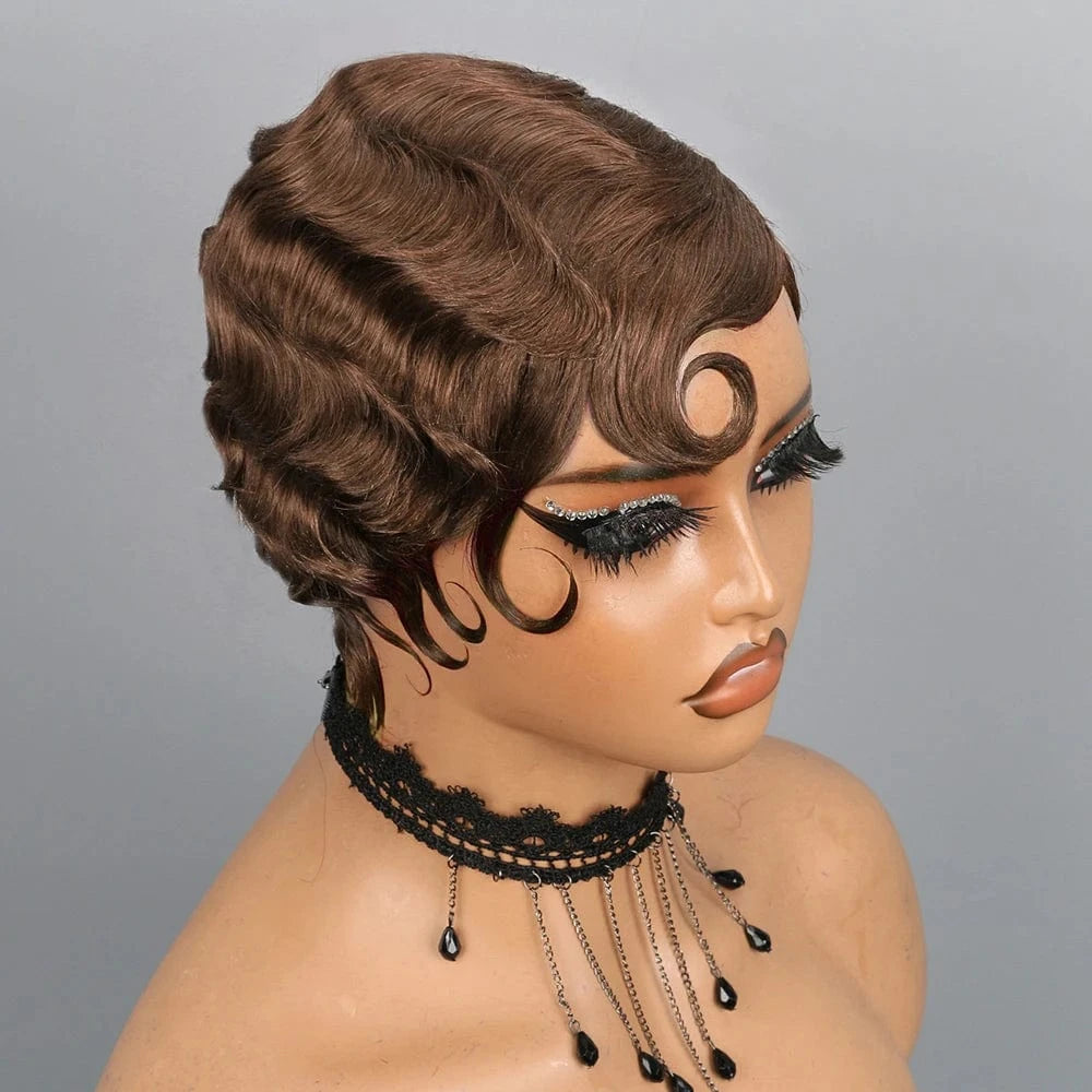 Chocolate Brown / CHINA / 6inches|1Pcs/Lot Short Finger Wave Wig Human Hair Wigs For Women 180% Density Brown Short Ocean Wave Wig Pixie Cut Wigs for Woman Natural Look