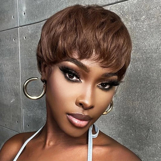 Chocolate Brown / CHINA / 6inches Chocolate Brown Short Pixie Cut Wig Human Hair For Black Women Machine Made Wigs With Bangs Brown Pixi Short Human Hair Wigs