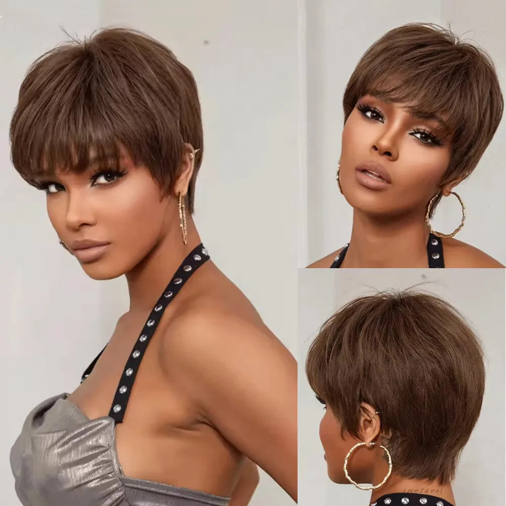 Chocolate / CHINA / 6inches Human Hair Short Pixie Cut Wig 4# Staright Layered Pixie Cut Wig P4/27 Ombre Brown Full Machine Made Burgundy Red Color 613#