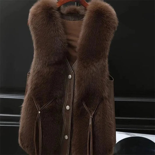 Chocolate Color / XL High Quality Imitation Fox Fur Vest Jacket Women Fur Vest Jacket 2024 Winter Waistcoat Short Fur Vest Female Vestcoat Sleeveless