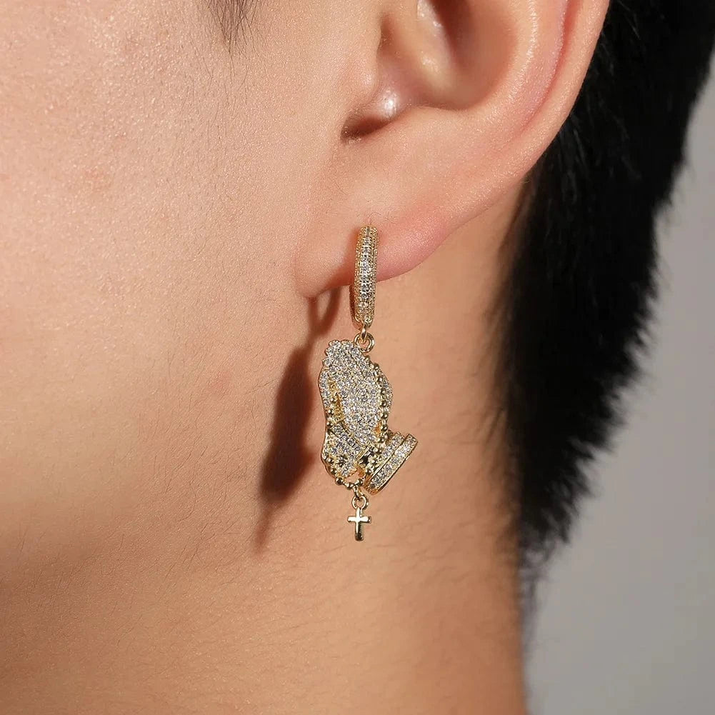 Christian Jewelry Praying Hands Hoop Earrings Hip Hop Fashionable Mini Cross Charm Drop Earrings