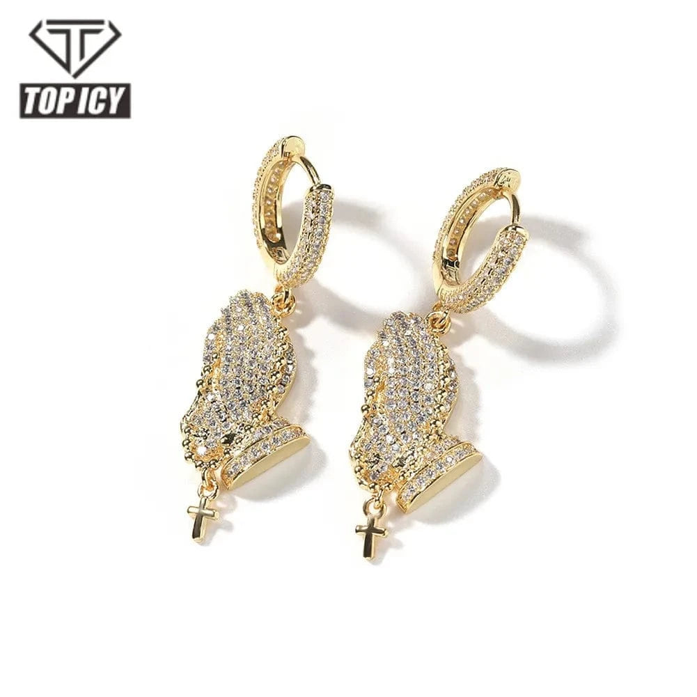 Christian Jewelry Praying Hands Hoop Earrings Hip Hop Fashionable Mini Cross Charm Drop Earrings