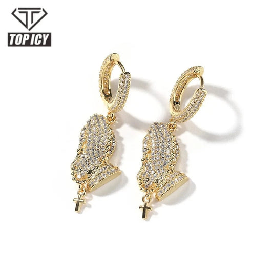 Christian Jewelry Praying Hands Hoop Earrings Hip Hop Fashionable Mini Cross Charm Drop Earrings