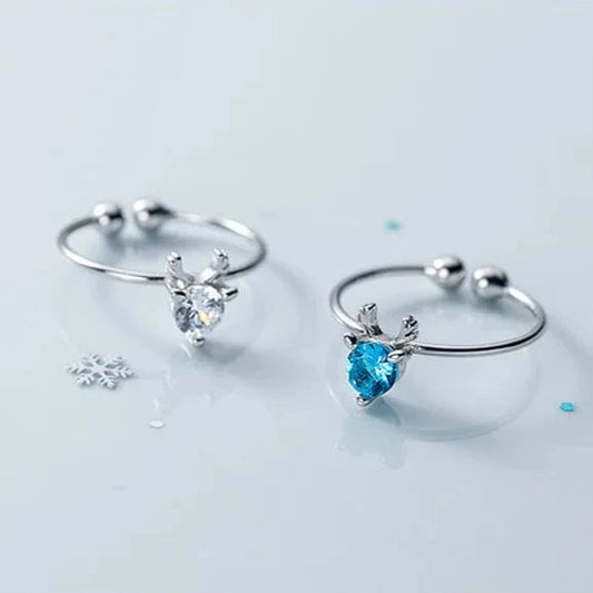 christmas gifts 925 silver Elk antler deerhorn blue or white zircon open rings for women fine jewelry rings