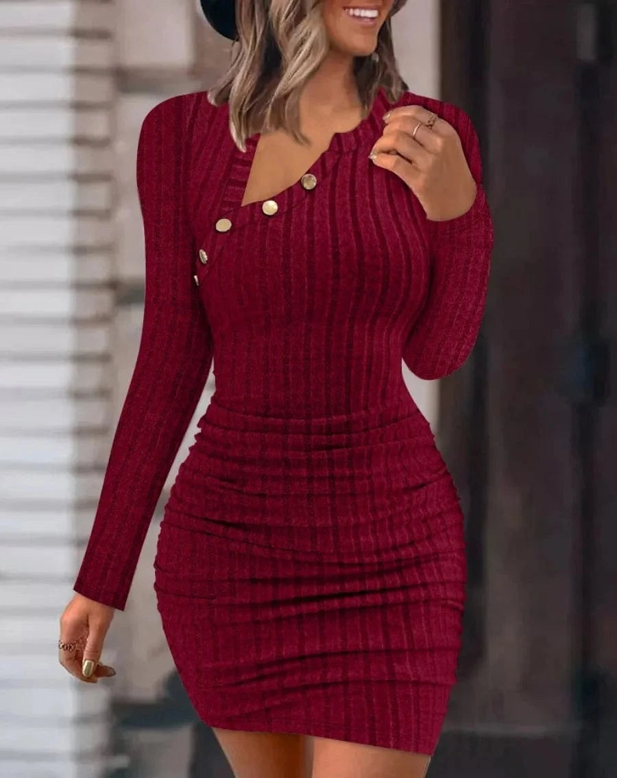 Claret / L Button Crewneck Bodycon Dresses for Women Solid Color Ribbed Mini Wrap Dress Slim Fit Ruched Knitted Sweaters Dress