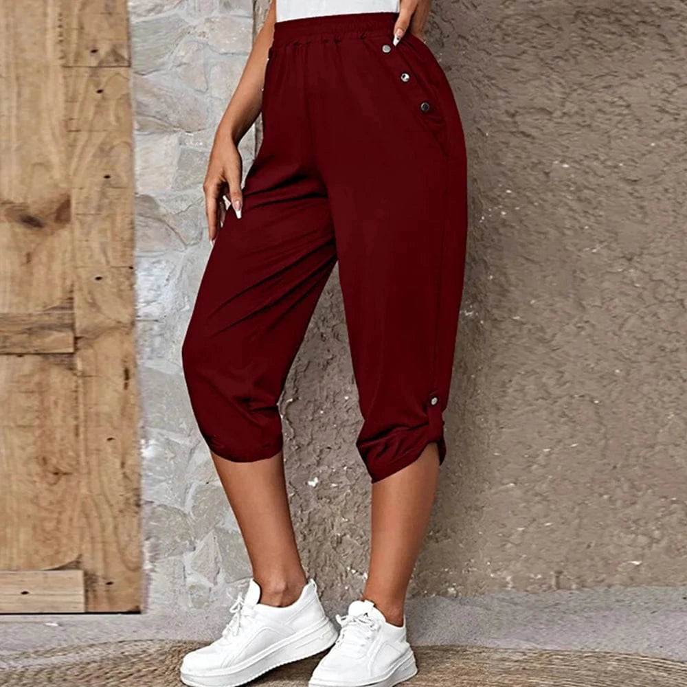 Claret / M Women Elastic Waist Pants Summer Solid Color Casual Trousers Bottom Elegant Fashion Office Lady Loose Cropped Pants S-3XL