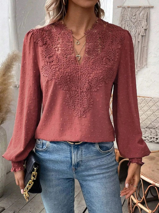 Claret / M Womens Long Sleeve Sweaters Fall 2024 Trendy Sexy Lace V Neck Puff Sleeve Pullover Sweater Cute Tops