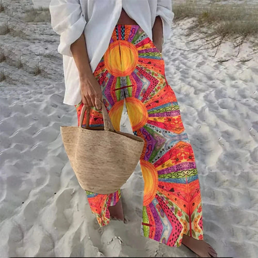 Claret / S Color Printed Beach Pants Casual Loose Vacation Style Wide-Leg Pants Women's Fashion New Hawaiian Straight Trousers