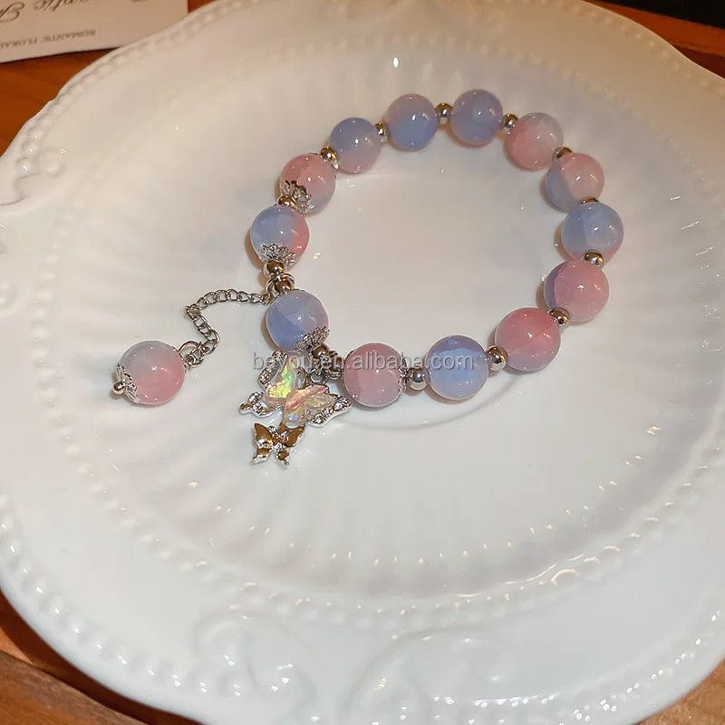 classic / 19CM / 1 Gamma Phi Delta Pink Blue Butterfly Charm Elastic Bracelets Contrast Color GPD Fashion Glass Beads Elegant Hand Jewelry Women