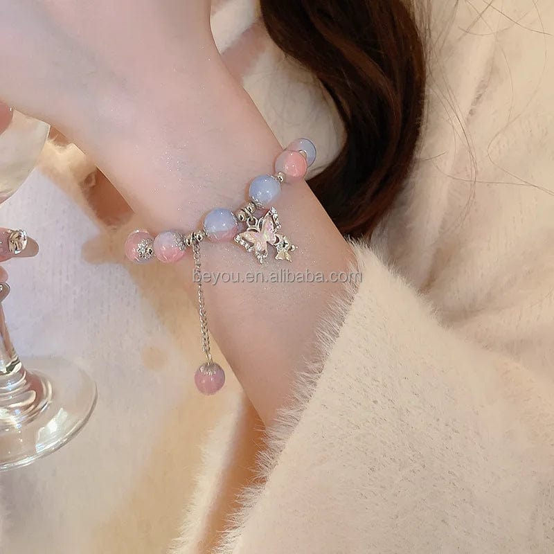classic / 19CM / 1 Gamma Phi Delta Pink Blue Butterfly Charm Elastic Bracelets Contrast Color GPD Fashion Glass Beads Elegant Hand Jewelry Women