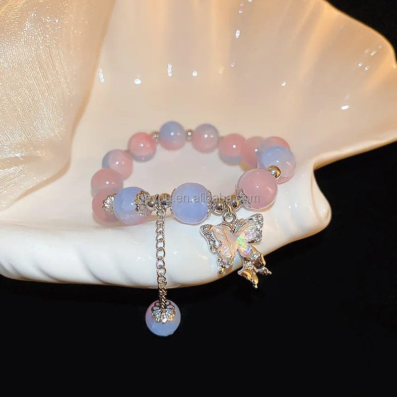 classic / 19CM / 1 Gamma Phi Delta Pink Blue Butterfly Charm Elastic Bracelets Contrast Color GPD Fashion Glass Beads Elegant Hand Jewelry Women