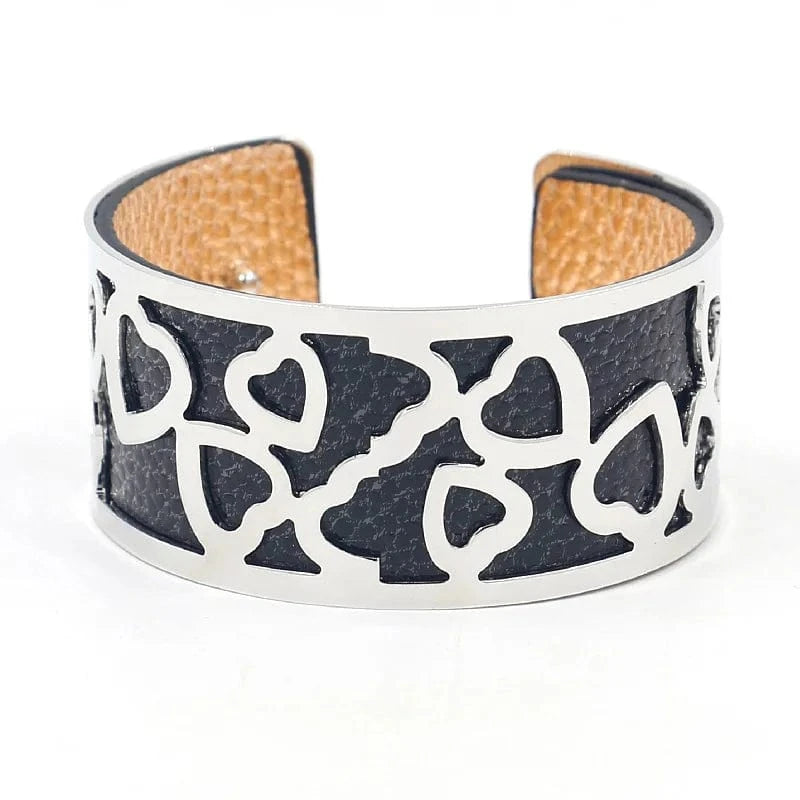 classic / 19CM / Black Pink Blue Red Black Blue Yellow Popular Jewelry C-shaped Opening Metal Hollow Double-sided PU Leather Wide Bracelet for women