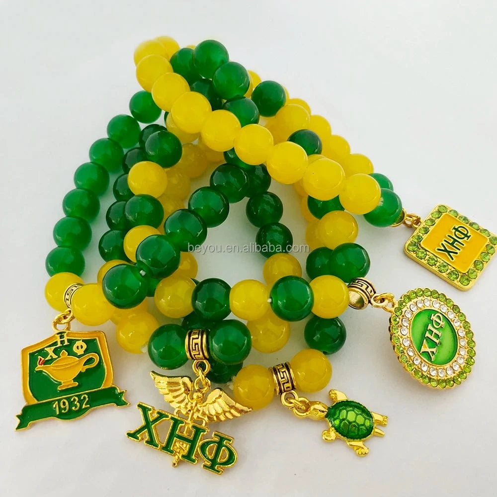 classic / 19CM / green yellow Chi Eta Phi Handmade Greek Society XHP High Quality Pearl Bead Bracelet Green Yellow Shambhala Beads Bangle Jewelry Accessories