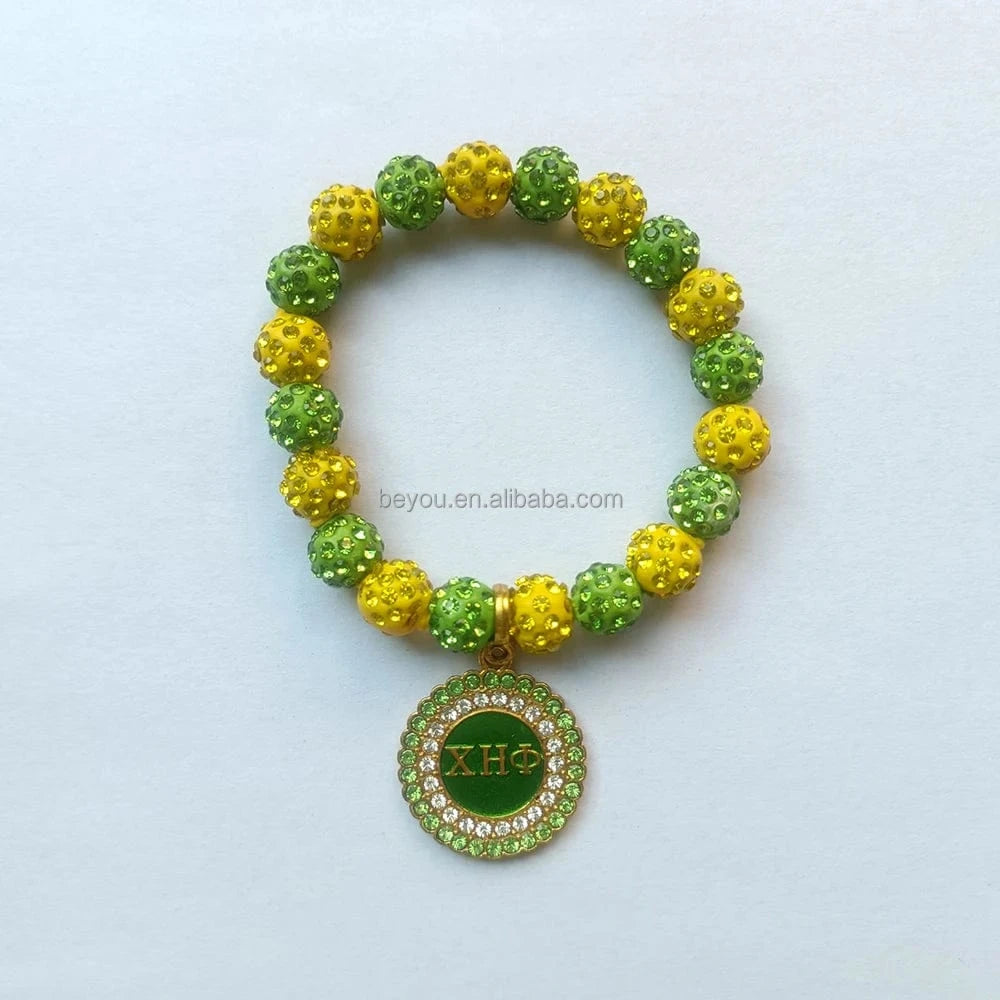 classic / 19CM / green yellow Chi Eta Phi Handmade Greek Society XHP High Quality Pearl Bead Bracelet Green Yellow Shambhala Beads Bangle Jewelry Accessories