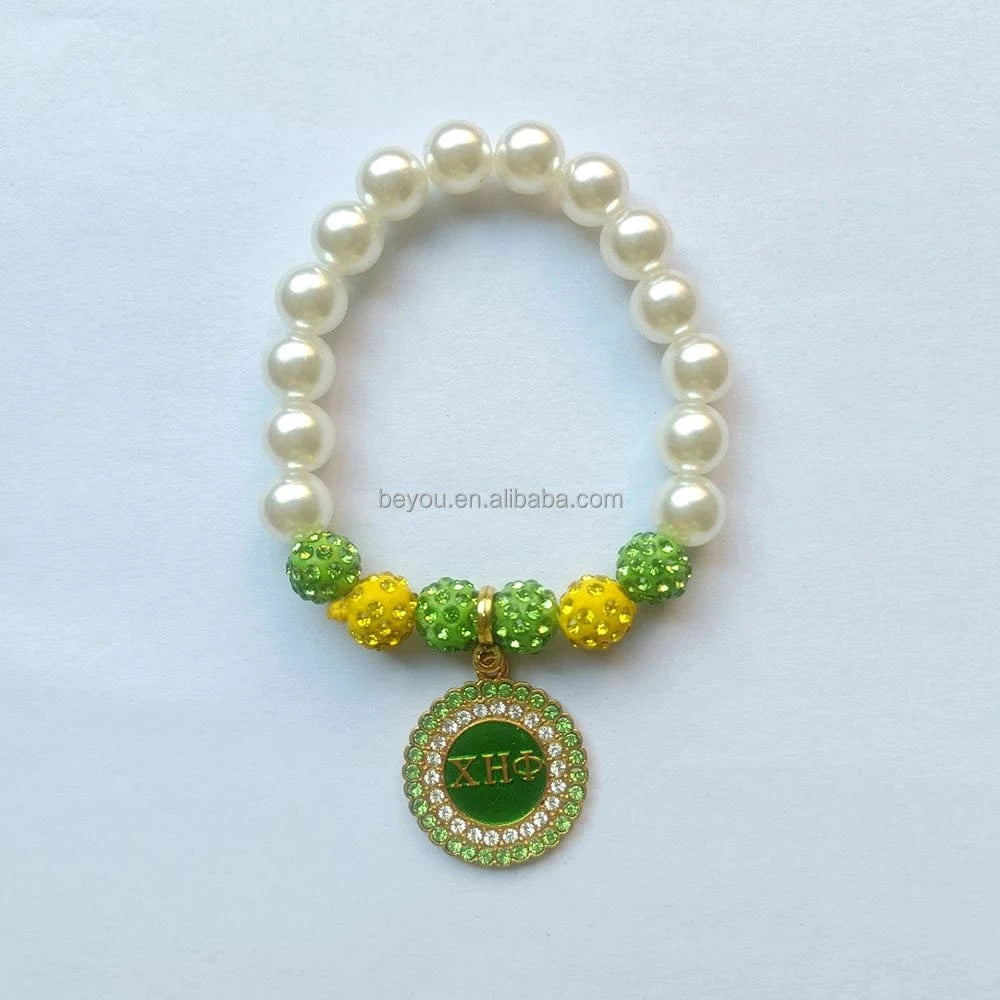 classic / 19CM / green yellow Chi Eta Phi Handmade Greek Society XHP High Quality Pearl Bead Bracelet Green Yellow Shambhala Beads Bangle Jewelry Accessories