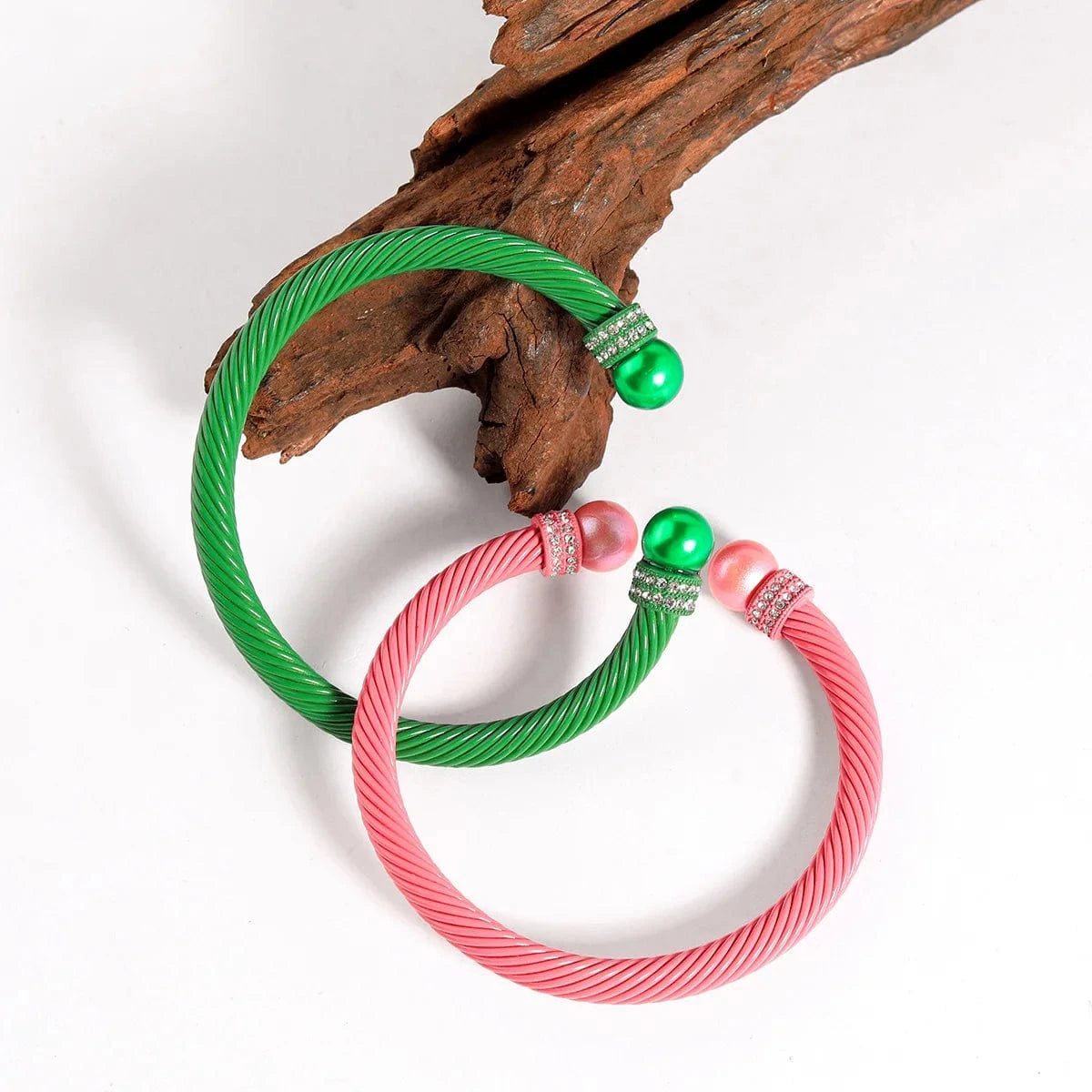 classic / 19CM / set Wholesale New Fashion Pink Green Pearl Spray-painted Open Stainless Steel Bangles Personalized Bracelets Simple Hand Accessories