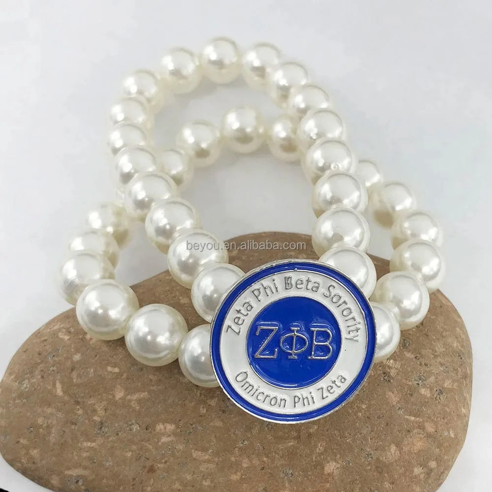 classic / 19CM / ZPB New Arrival Greek Sorority ZPB Double White Pearl Crystal Letter Zeta Phi Beta Women Jewelry Elastic Personalized Charm Bracelet