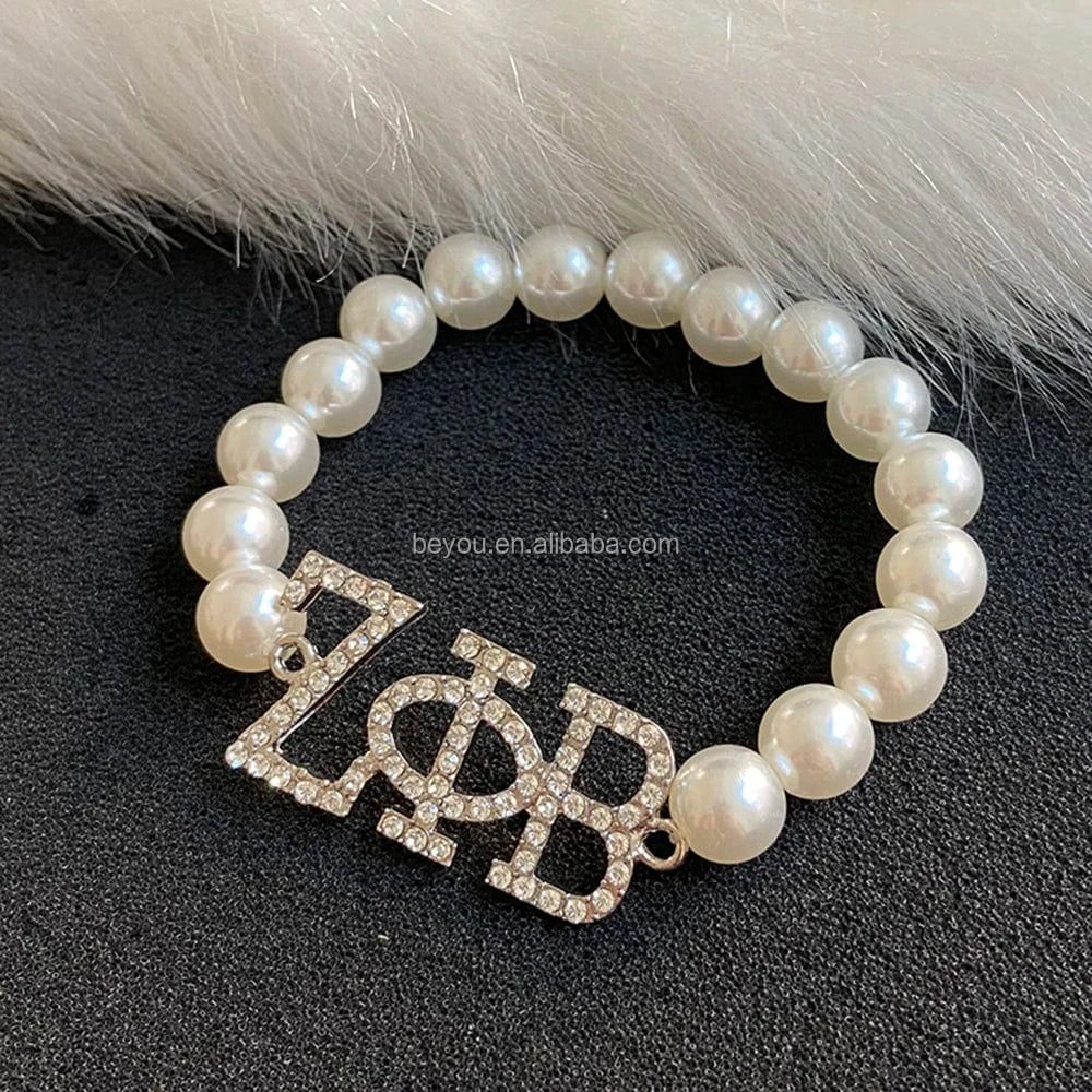 classic / 19CM / ZPB New Arrival Greek Sorority ZPB Double White Pearl Crystal Letter Zeta Phi Beta Women Jewelry Elastic Personalized Charm Bracelet