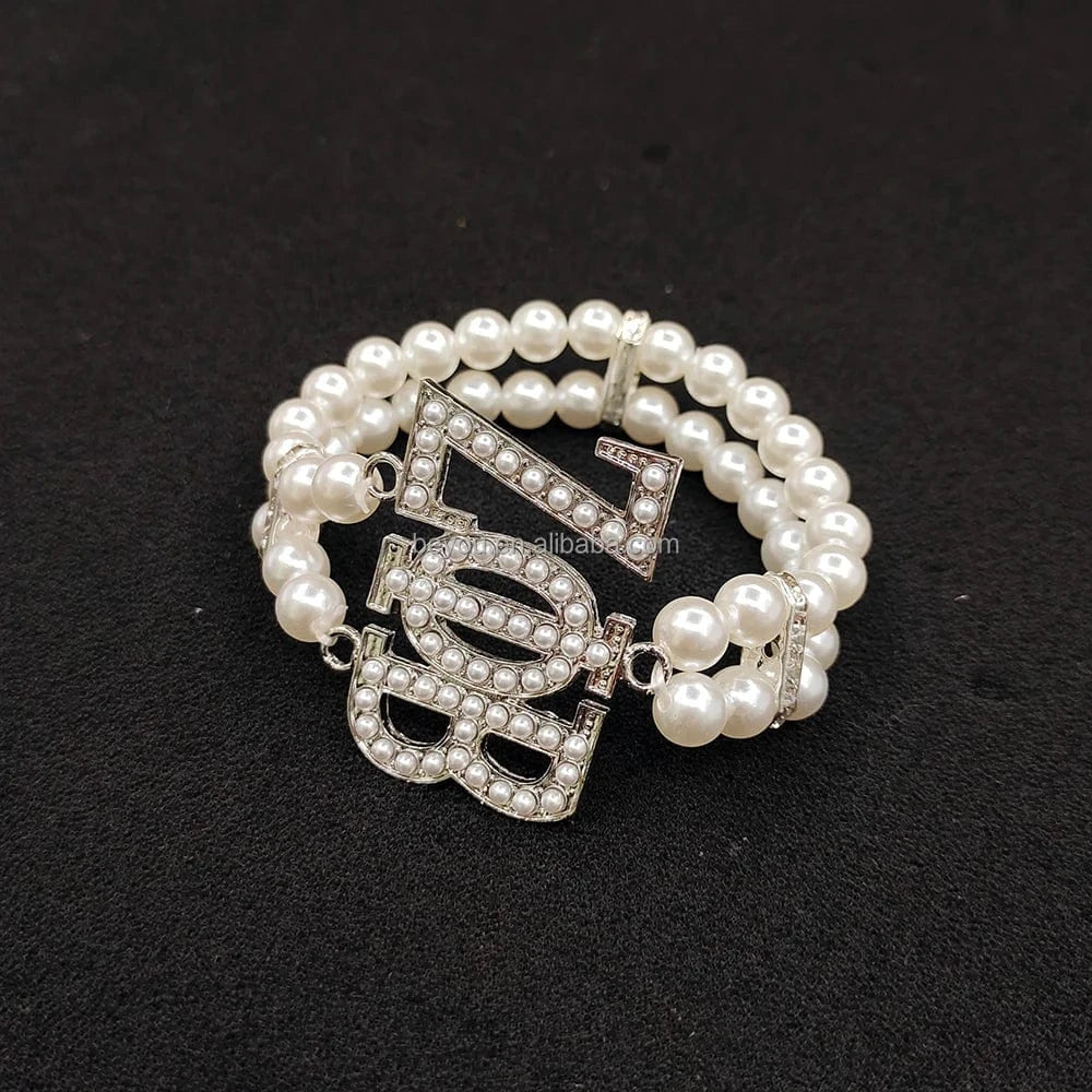 classic / 19CM / ZPB New Arrival Greek Sorority ZPB Double White Pearl Crystal Letter Zeta Phi Beta Women Jewelry Elastic Personalized Charm Bracelet