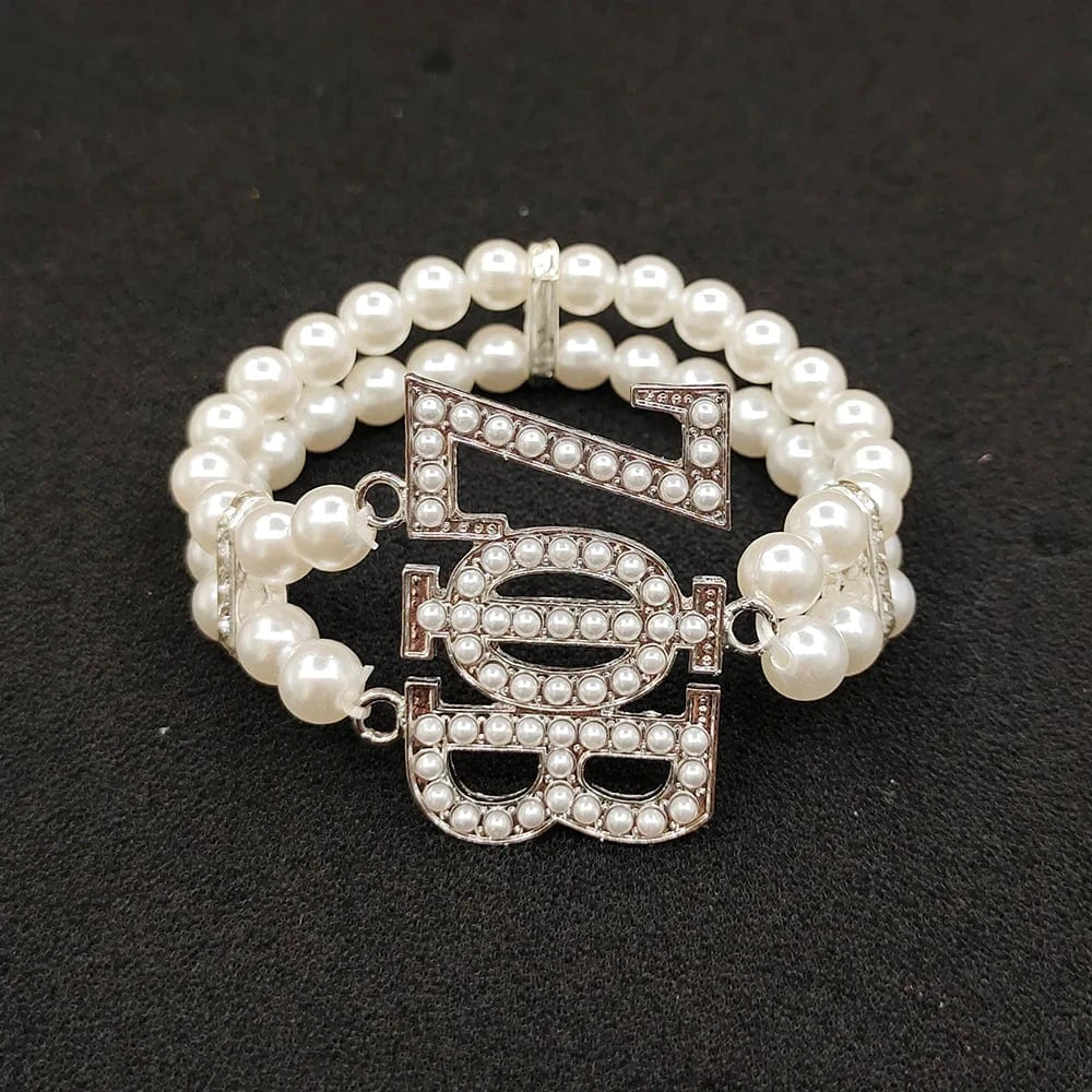 classic / 19CM / ZPB New Arrival Greek Sorority ZPB Double White Pearl Crystal Letter Zeta Phi Beta Women Jewelry Elastic Personalized Charm Bracelet