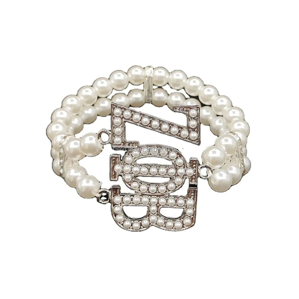classic / 19CM / ZPB New Arrival Greek Sorority ZPB Double White Pearl Crystal Letter Zeta Phi Beta Women Jewelry Elastic Personalized Charm Bracelet