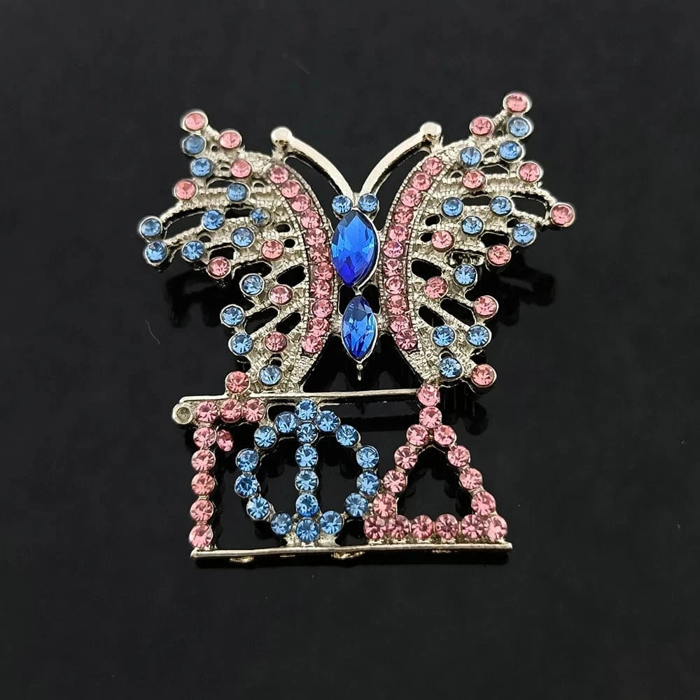 classic / butterfly / Silver Plated Pink Sky Blue Rhinestone Gamma Phi Delta Brooch  Butterfly Letter Sisterhood Sorority Lapel Pins Women Party Decor Jewelry