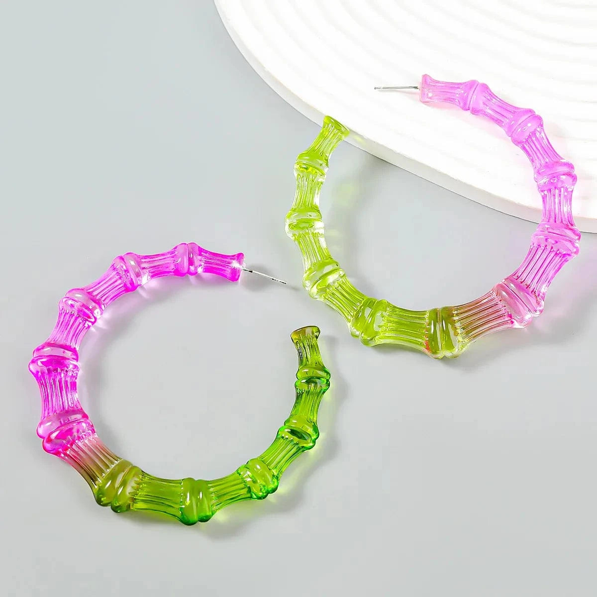 classic / classic / Pink green Pink Green New Contrasting Color Acrylic C-shaped Round Bamboo Earrings Exaggerated Hoop Ear Rings Fashion Women Jewelry