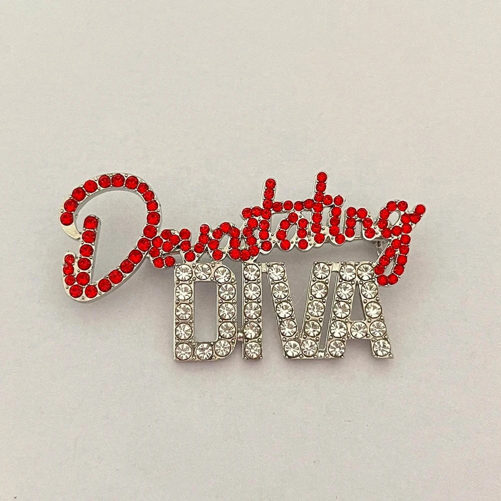 classic / devastating diva / Silver Plated Delta Diva Lapel Pin Red Rhinestone Greek Sorority Customized logo Lapel Pin Jewelry Devastating Diva Brooches
