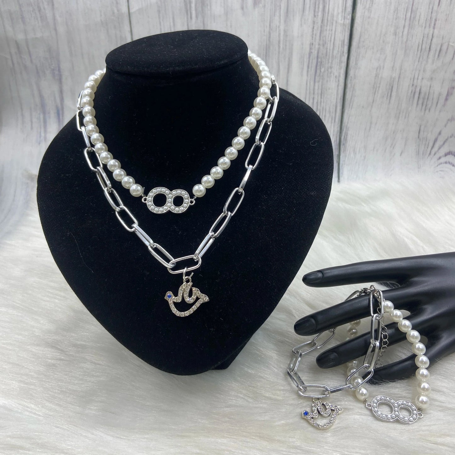 classic / dove 2 Customized ZPB Stainless Steel Pearl Handmade Digital 0-10 Dual Pearl Wrap Large Size Rhinestone Pendant Necklace Bracelet Girls