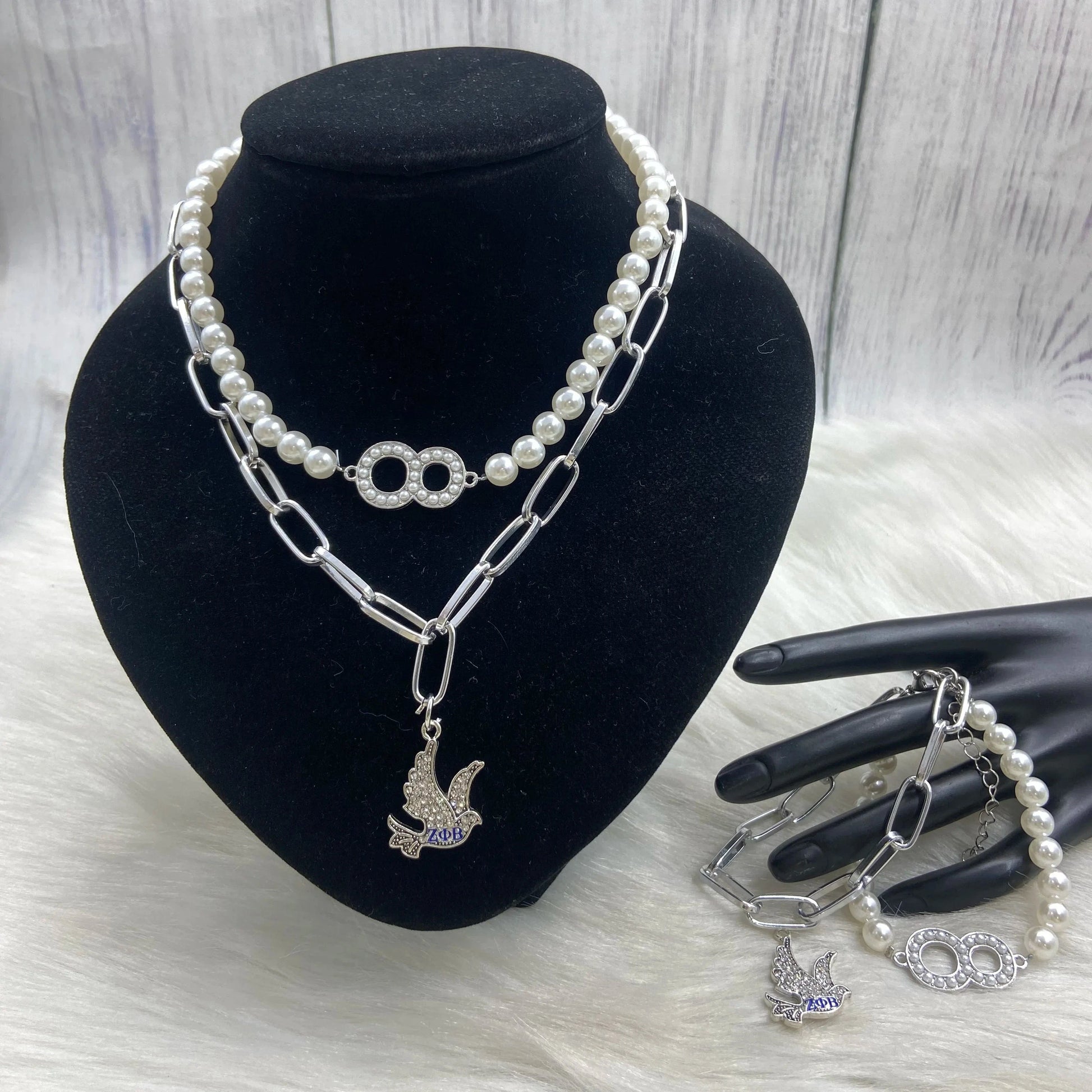 classic / dove Customized ZPB Stainless Steel Pearl Handmade Digital 0-10 Dual Pearl Wrap Large Size Rhinestone Pendant Necklace Bracelet Girls