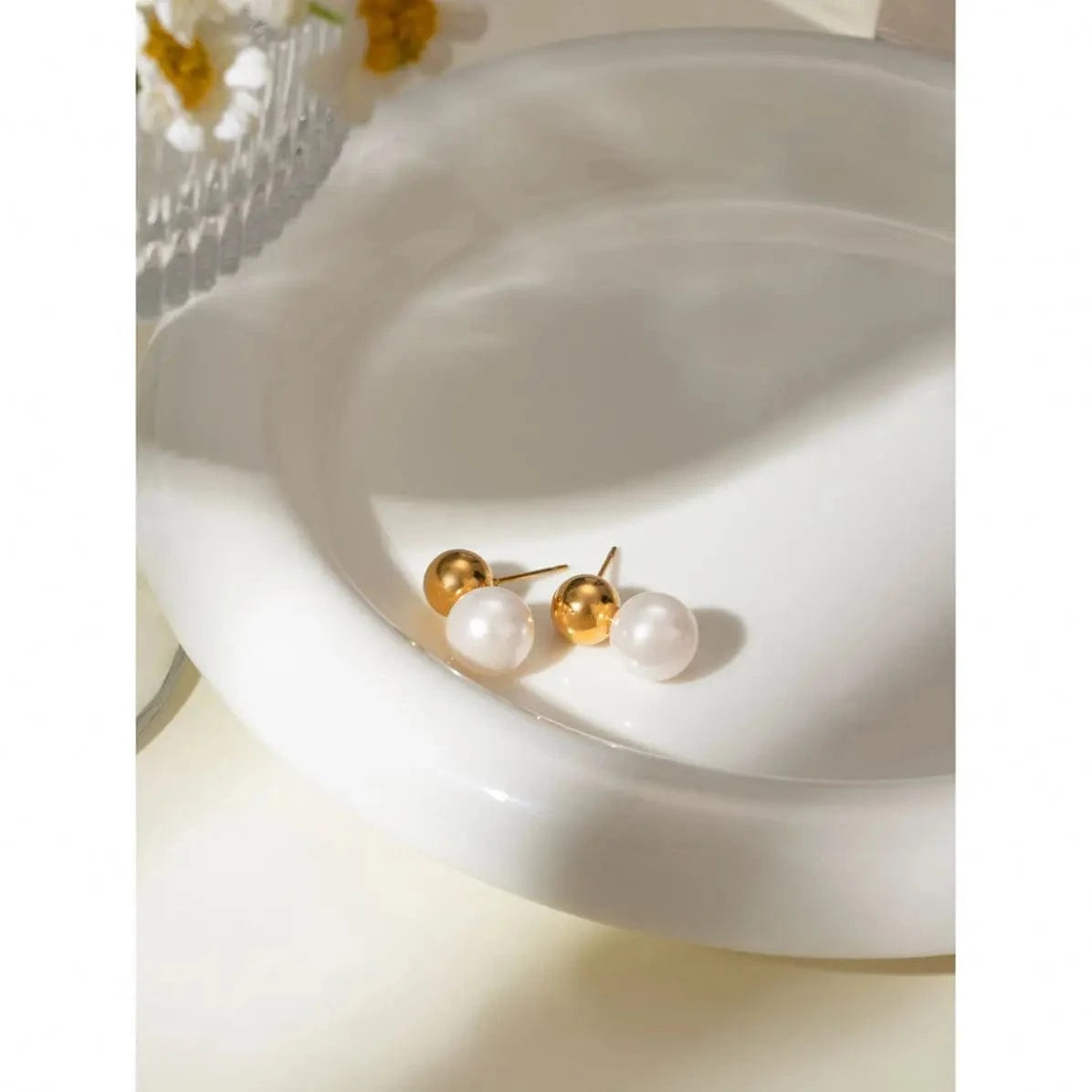 classic / E1822 E1822 Pearl Stud Earring Stainless Steel Pearl Earring Fashion Jewelry 18K Gold Plated Glass Pearl Earring Gift for Girl  Women