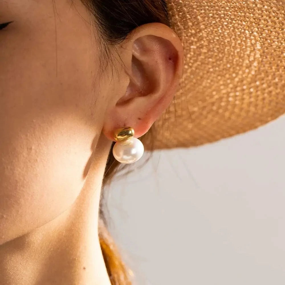 CLASSIC / E2040 E2040 Trendy 18K Real Gold Plated Texture Ball Earring Stainless Steel Classic Pearl Stub Earring for Women