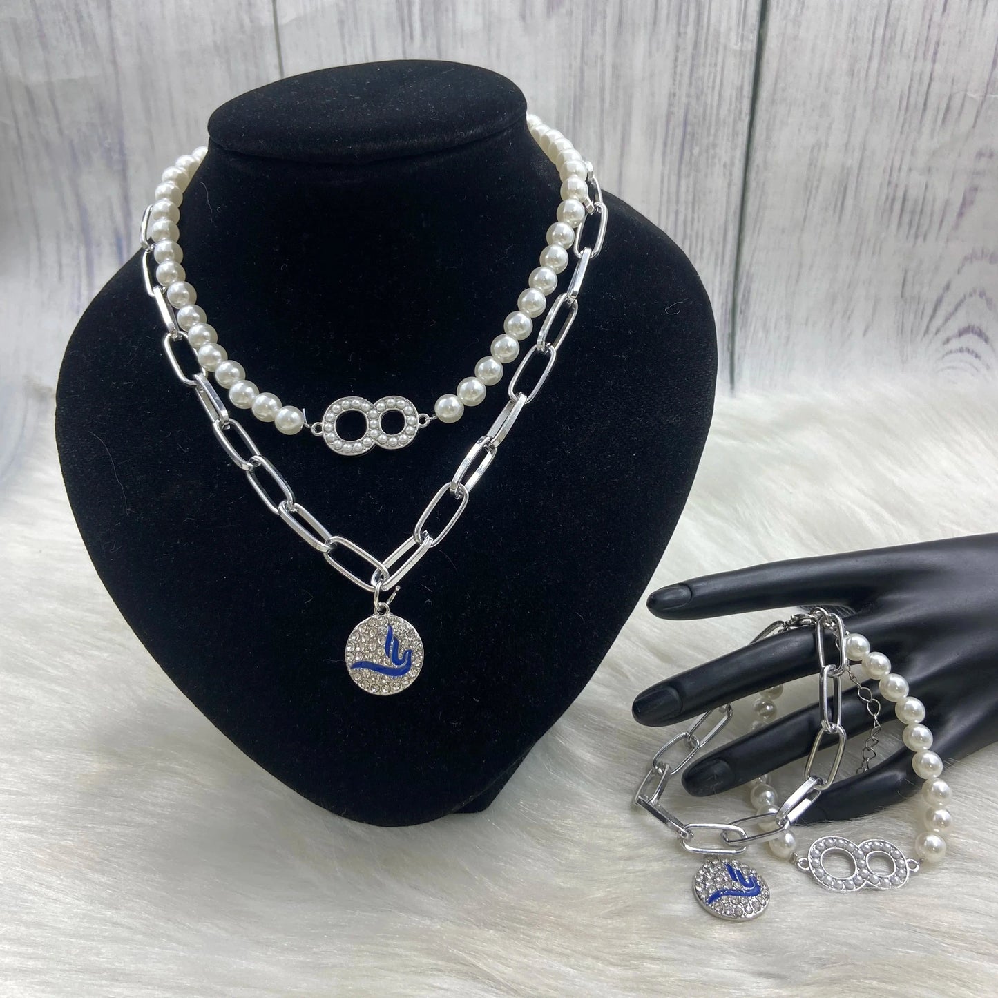 classic / round Customized ZPB Stainless Steel Pearl Handmade Digital 0-10 Dual Pearl Wrap Large Size Rhinestone Pendant Necklace Bracelet Girls