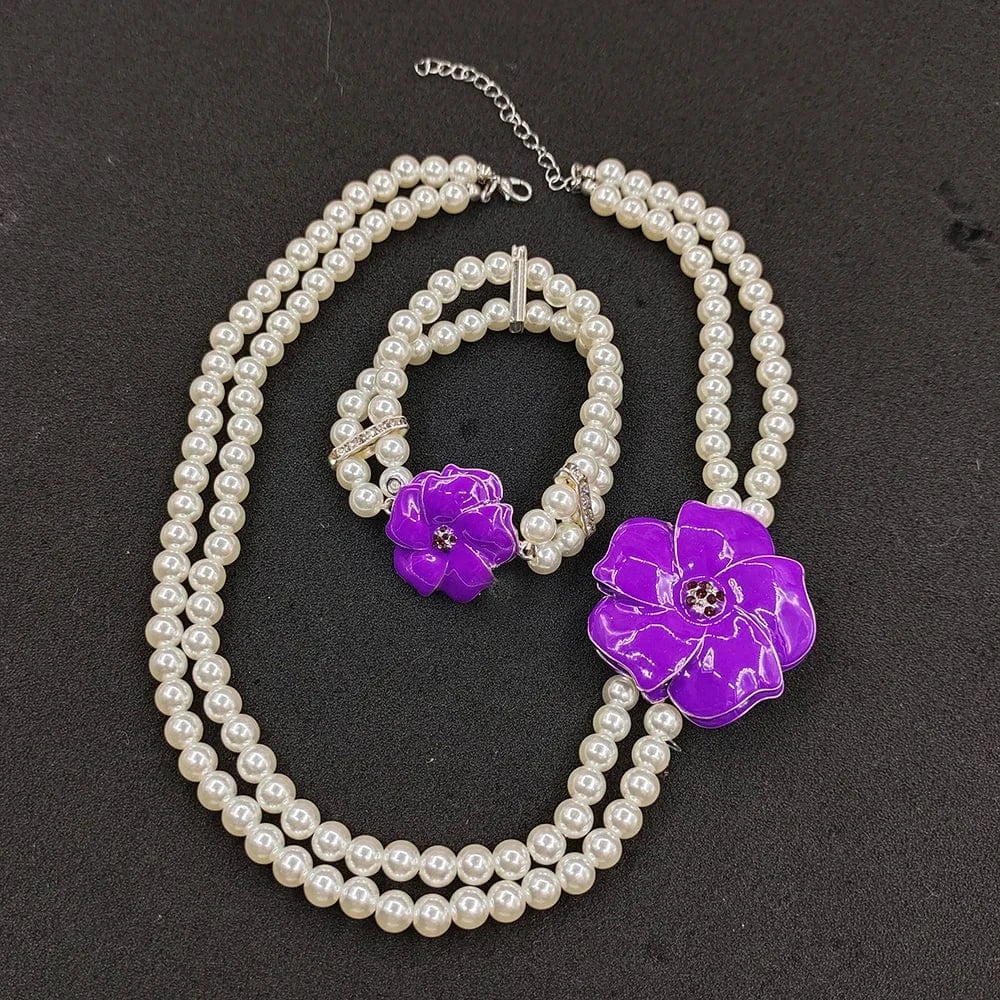 classic / set Delta White Pearl African Violet Purple Flower Pendant Necklace Bracelet Set Crystal Spacers Necklace Bangle Jewelry