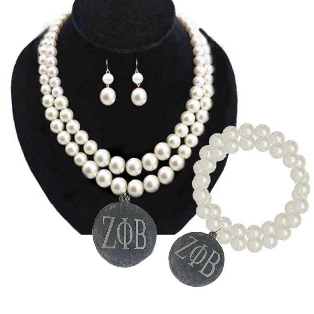 classic / ZETA set All Alpha Delta Sigma Gamma Rho Links Iota Zeta Phi Beta Laser Greek Letter Sorority Pearl Necklace and Bracelet Jewelry Sets