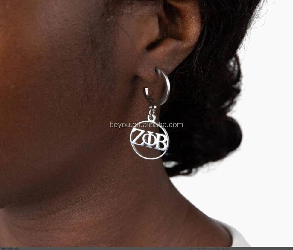 classic / zeta ZETA PHI BETA Sliver Cleaver Double Hoop Earrings Stainless Earrings Circular Hollow Hoop C type Earring Jewelry