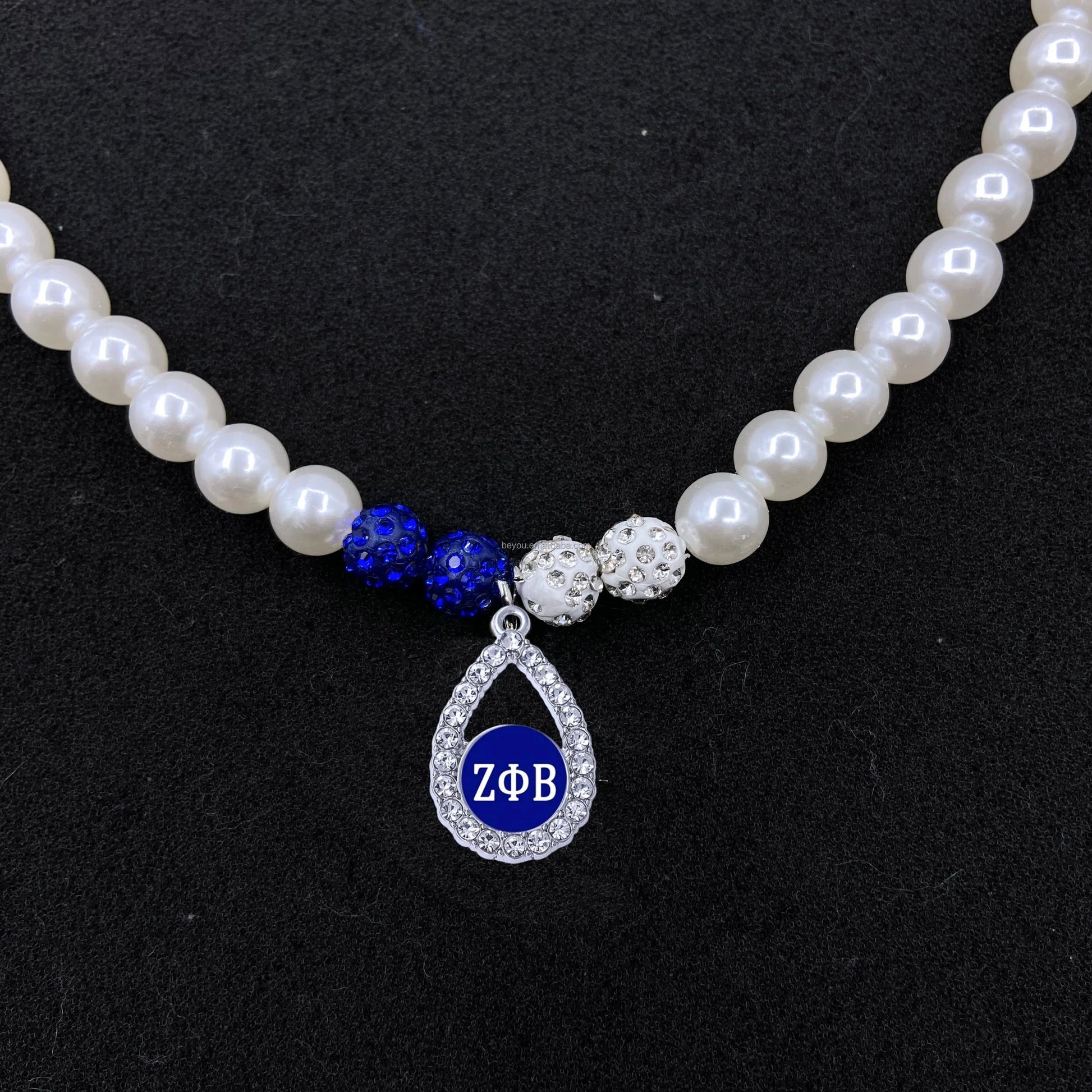 classic / ZPB Zeta Phi Beta Fashion Pearl Chains White Blue Bling Beads ZPB Water Droplets Pendant Necklace Neck Chain Ladies' Jewelry Gift