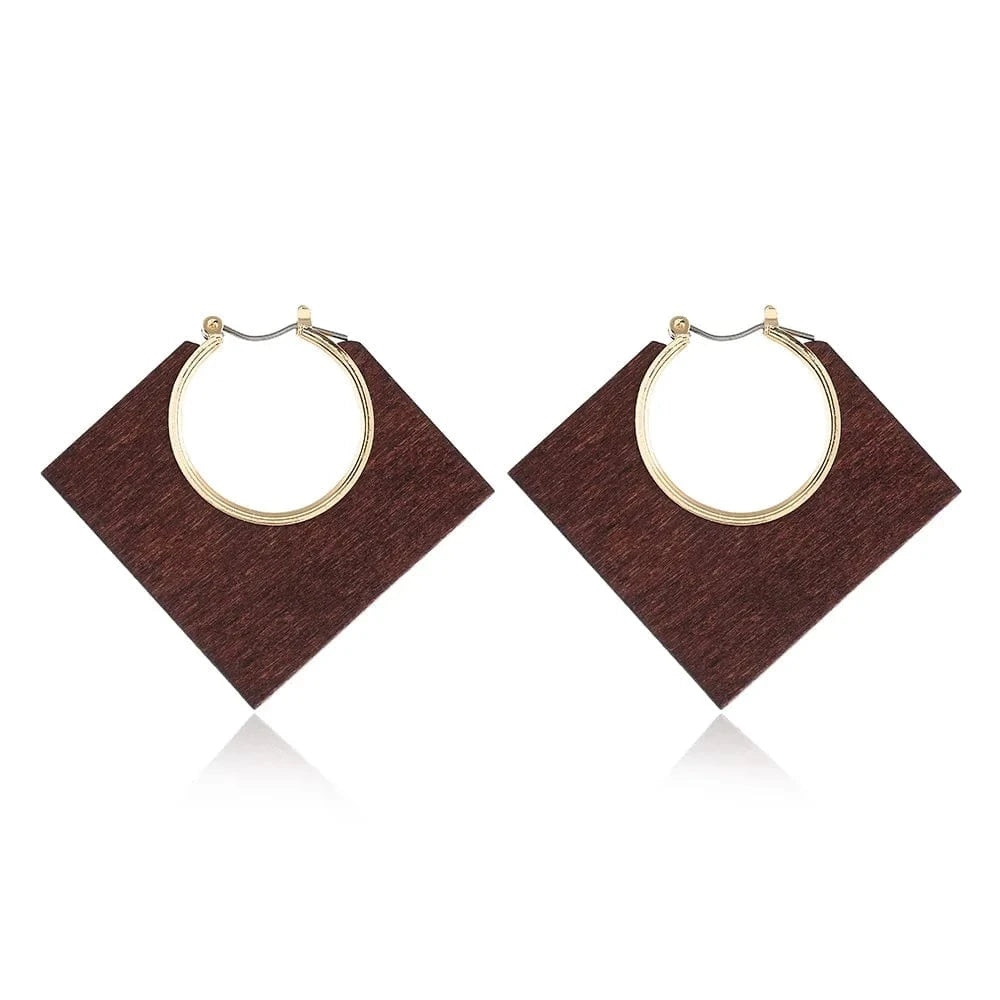 Clip Earring / 47x55mm / Brown Rattan Earrings Lightweight Geometric Statement Wood Square Cube Bohemian Braid Hoop Drop Dangle Ear Jewelry