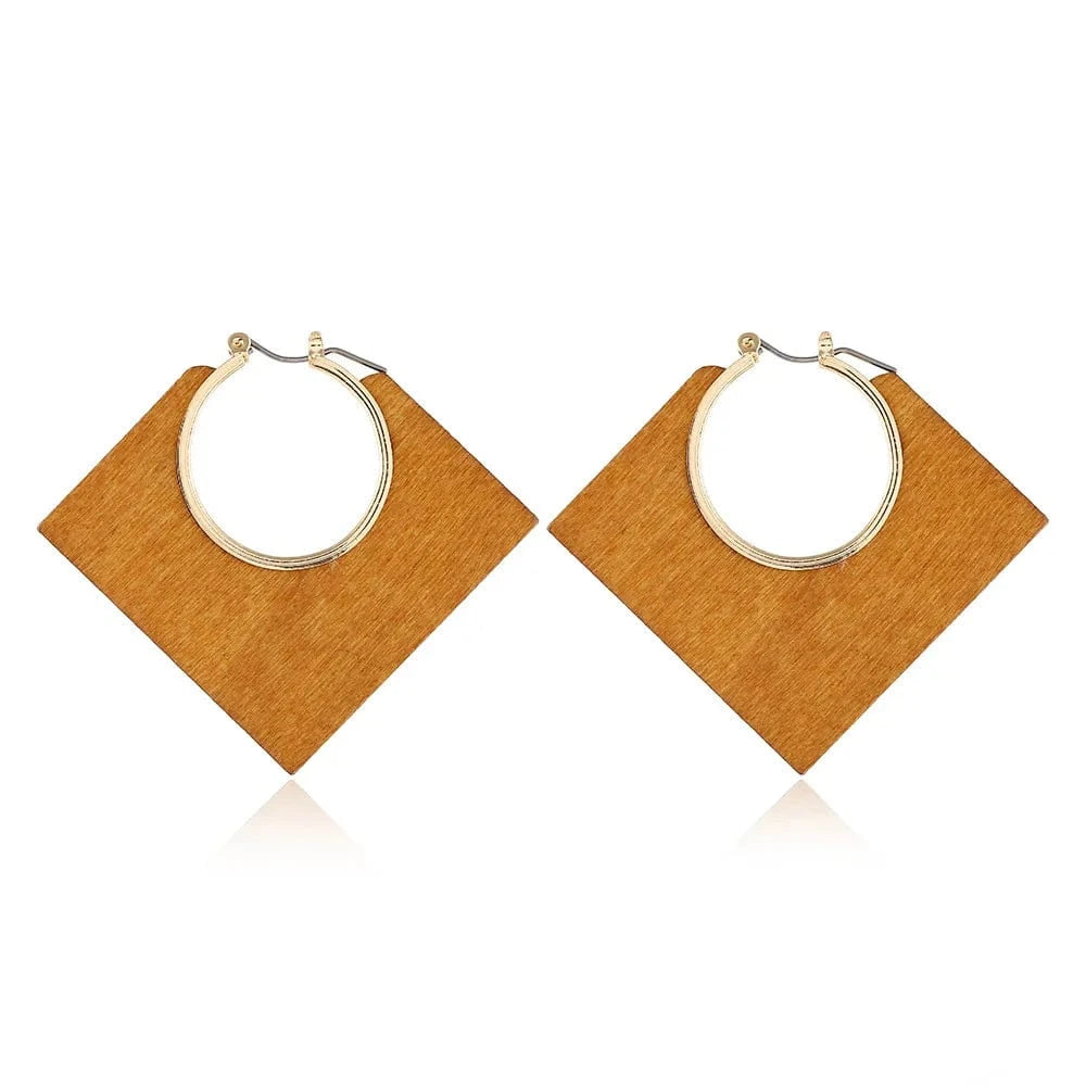 Clip Earring / 47x55mm / Champagne Rattan Earrings Lightweight Geometric Statement Wood Square Cube Bohemian Braid Hoop Drop Dangle Ear Jewelry