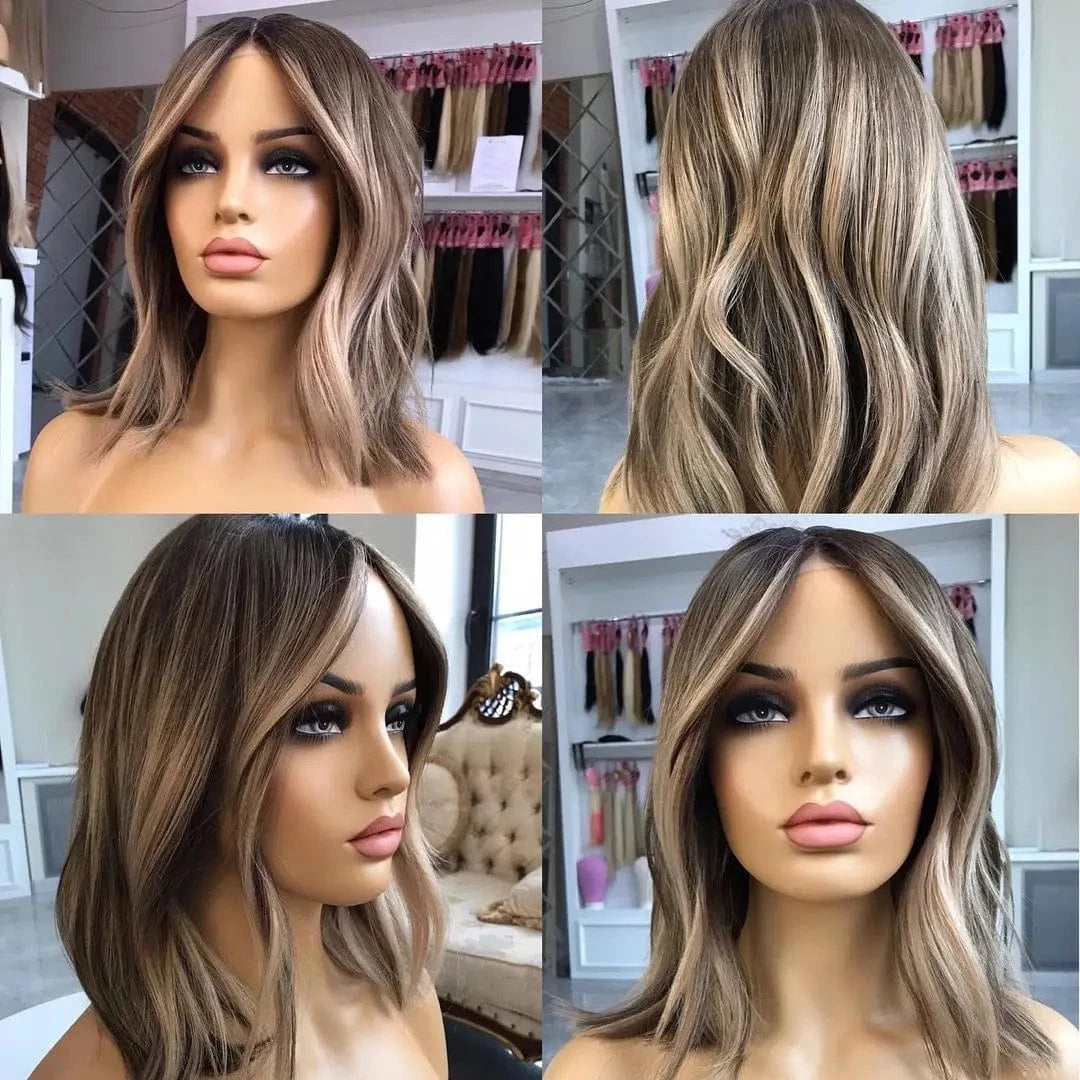 Clip In Hair Dark Brown Highlight Color Short Bob Wave Cut Wig Virgin European Cuticle Human Hair Lace Front Wigs