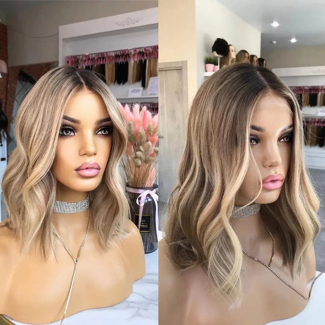 Clip In Hair Dark Brown Highlight Color Short Bob Wave Cut Wig Virgin European Cuticle Human Hair Lace Front Wigs