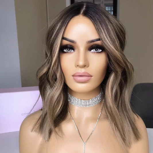 Clip In Hair Dark Brown Highlight Color Short Bob Wave Cut Wig Virgin European Cuticle Human Hair Lace Front Wigs