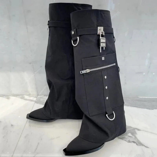 Cloth Overlay Knee High Pockets Pants Boots Women Wedge Heels Shoes Folded Over Upper Pointed toe Metal Shark Lock Booties
