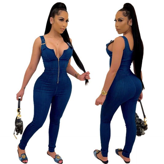 Clothing Vendors Casual Women's Denim Jumpsuit Women's summer new high elastic suspenders denim jumpsuit