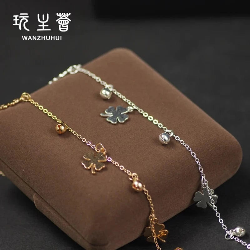 clover shape little bell gold plating cuban link anklet stainless steel anklets foot jewelry