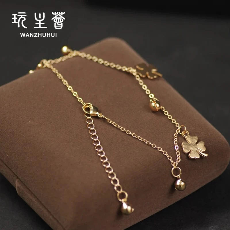 clover shape little bell gold plating cuban link anklet stainless steel anklets foot jewelry