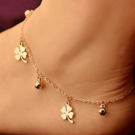 clover shape little bell gold plating cuban link anklet stainless steel anklets foot jewelry