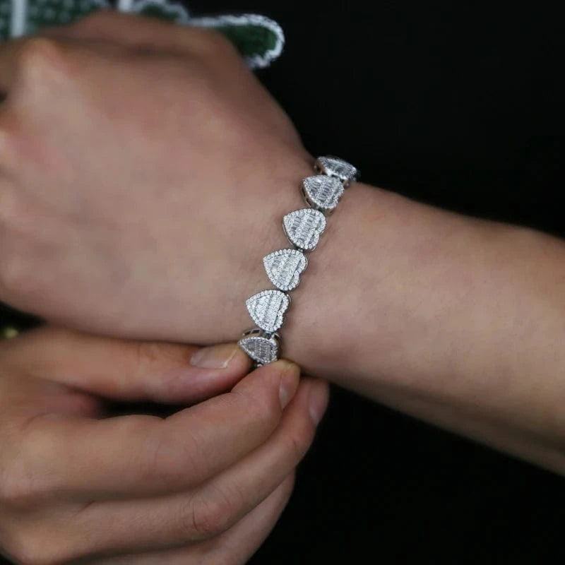 Cluster Heart Shape Zircon Tennis Bracelet Micro Pave 5A CZ Bling Silver Gold Plated Luxury Fashion Women Men's Jewelry