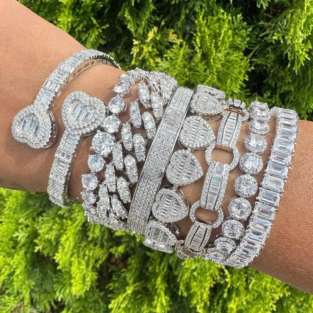 Cluster Heart Shape Zircon Tennis Bracelet Micro Pave 5A CZ Bling Silver Gold Plated Luxury Fashion Women Men's Jewelry